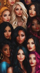 Obraz premium Digital art portrait collection showcasing diverse beauty with vibrant hair colors from platinum blonde to deep black and bold pink, featuring glamorous makeup and striking facial features 