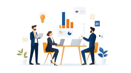 Fototapeta premium A group of diverse professionals collaborating on a project, with visual elements showing career growth and promotions in the background