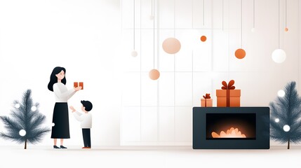 A family gathered around a roaring fireplace, exchanging New Year greetings with snow-covered windows behind them