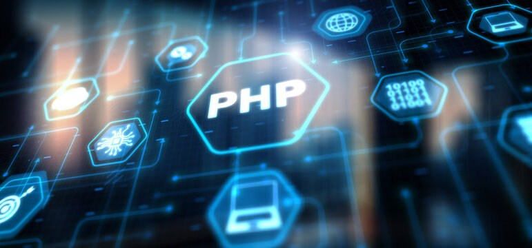 Technical background PHP inscription. Network internet concept
