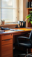 Fototapeta premium A sunlit office room with cozy wooden furniture, ergonomic chair, and a window view of serene surroundings, creating a perfect workspace environment for productivity and focus.