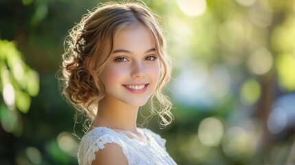 Beautiful young woman in white lace dress smiling at camera with soft natural bokeh background, glowing sunlight creating magical atmosphere in outdoor portrait session.