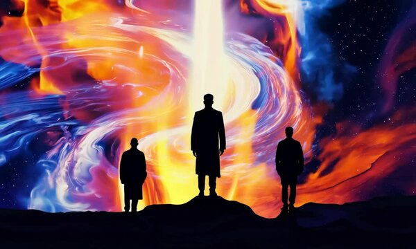 Shadrach, Meshach, and Abednego in the fiery furnace, depicted within a swirling nebula, highlighting their faith amidst trials