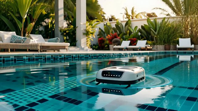 Robotic pool cleaner with futuristic design cleaning the swimming pool, modern automated swimming pool cleaner	
