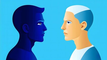 Split personality. Bipolar disorder mind mental. Mood disorder. Dual personality concept. Blue background