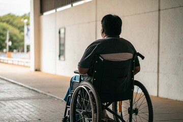 Obraz premium A Man in a Wheelchair in a Public Space
