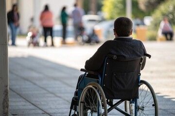 Obraz premium Rear View of a Man in a Wheelchair Observing a Busy Outdoor Scene