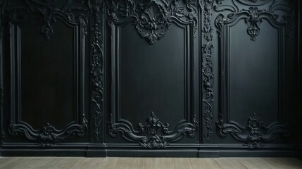 Black wood-paneled wall with intricate molding details, paired with a light wooden floor, creating a chic interior background