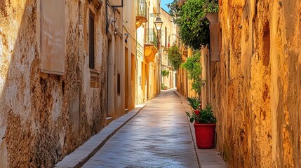 Obraz premium Sunlit narrow alleyway in a historic town, featuring aged stone buildings, potted plants, and shadows.