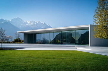Modern villa with a green lawn and parking lot, set against a majestic mountain backdrop, blending contemporary architecture with nature for a luxurious and tranquil retreat.