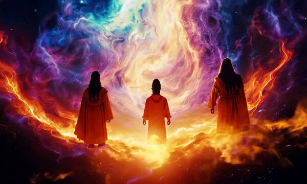 Shadrach, Meshach, and Abednego in the fiery furnace, depicted within a swirling nebula, highlighting their faith amidst trials