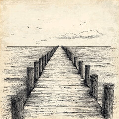 Fototapeta premium Endless Horizons: A hand-drawn illustration of a weathered wooden pier extending into the vast expanse of the ocean, evoking a sense of tranquility and the promise of new beginnings.