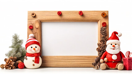 Blank wooden frame with Santa Claus and cute snowman on white background