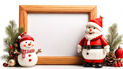 Blank wooden frame with Santa Claus and cute snowman on white background