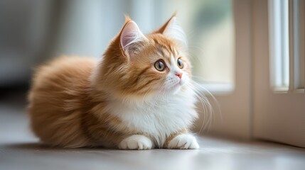 Munchkin cute cat side view, long cat, in the house