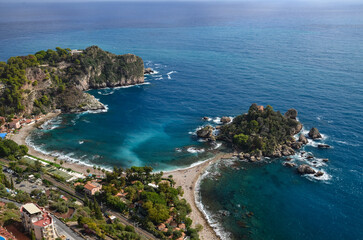 View of the Ionian Sea and the island of Isola Bella from the viewpoints in Taormina, Sicily	