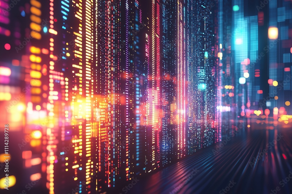 Poster Vibrant abstract data visualization with colorful light patterns reflecting digital landscape