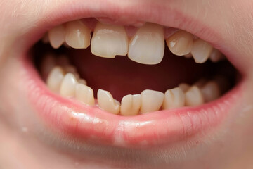 Close-up of a child's open mouth showing crooked and misaligned teeth