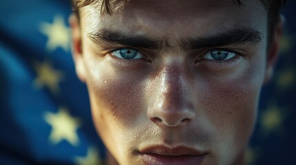 A close-up of a young man with intense expression, set against a European Union flag
