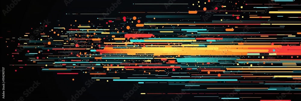 Poster Vibrant abstract glitch design with colorful lines and dots on dark background