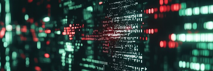 Abstract data visualization with green and red glowing elements on dark background