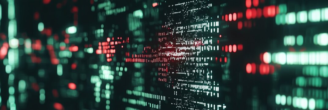 Abstract data visualization with green and red glowing elements on dark background