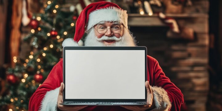 Santa Claus Holding Laptop with Blank Screen Festive Christmas Background Christmas Cheer Digital Holiday Season