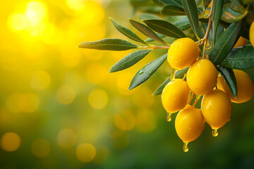 Olive gradient background, olive twig with olives dripping oil from olives, copy space, banner for advertising