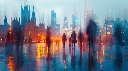Obraz premium A lively, impressionistic cityscape with blurred figures in motion, tall buildings rising on either side. Colors blend together to capture the fast-paced energy of urban life