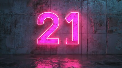 Neon Number 2, Pink Neon Light Glowing on Dark Concrete Display With Copy Space. 3D Illustration.