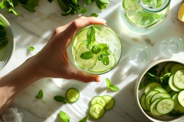 Obraz premium Refreshing cucumber mint drink with fresh herbs and lime