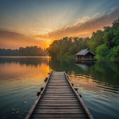 Fototapeta premium Late sunset over the Beach, beautiful colorful panoramic view, generated ai