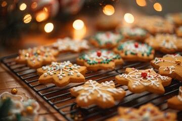 Festive holiday cookies on cooling rack