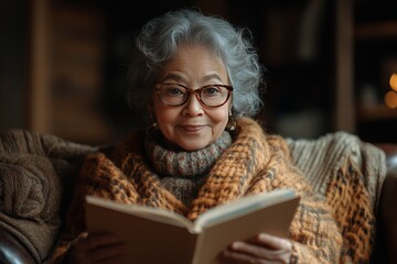 A grandmother opening a handmade card from her grandchild, sitting on a couch. Generative AI