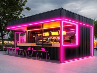 Chic black container burger stand with neon accents, modern design, small outdoor seating area, busy urban corner, cool evening ambiance