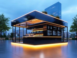 Sleek metal and glass container burger shop, futuristic design, digital menu boards, urban center, young professionals, cool evening