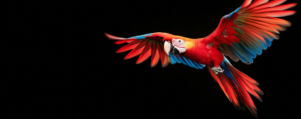 Obraz premium Scarlet macaw with brilliant plumage gracefully glides against a dark backdrop, emanating a sense of freedom and strength in flight
