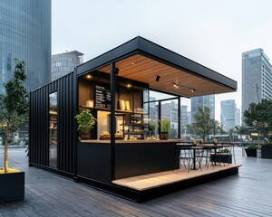 Modern black container burger shop, sleek glass walls, minimalist signage, set in a bustling urban plaza, early morning light
