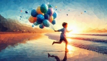 person running on the beach at sunset with ballons content created with generative AI software.