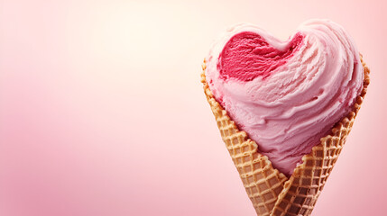 heart-shaped ice cream cone, with creamy pink and red swirls forming the heart, set in a crisp waffle cone