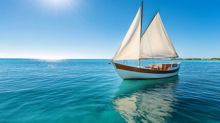Fototapeta premium Wooden sailboat with white sails sailing in calm turquoise water on a sunny day, reflecting on the surface