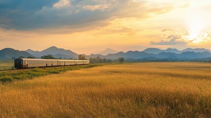 Fototapeta premium Panoramic View of Train Passing Through Scenic Landscape