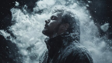 Obraz premium Man in snow clouds, dramatic winter portrait with closed eyes, AI-generated