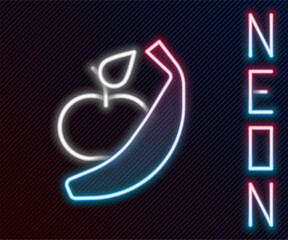 Glowing neon line Apple and banana icon isolated on black background. Excess weight. Healthy diet menu. Fitness diet apple. Colorful outline concept. Vector