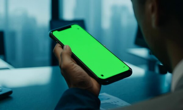 Smartphone user looking green screen display at office desk close up