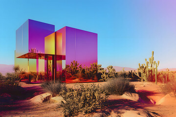 a colorful building with a colorful background and a desert landscape. Generative AI
