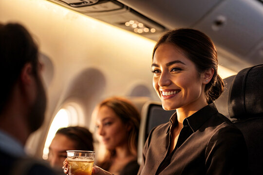 azafata de vuelo sirviendo una bebida a los pasajeros