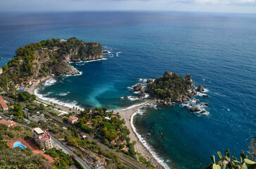 View of the Ionian Sea and the island of Isola Bella from the viewpoints in Taormina, Sicily	
