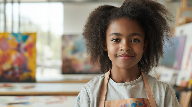 Young black girl in an art class, smiling and wearing a smock, displaying her passion and creativity for art