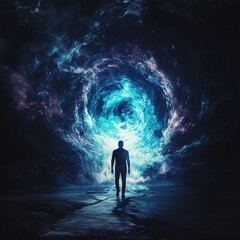 Silhouette entering a cosmic portal